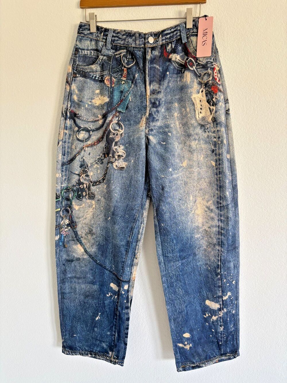 Micas Trompe Loeil Graphic Pants L Punk Grunge Blue Jeans Print Wide Leg Stretch